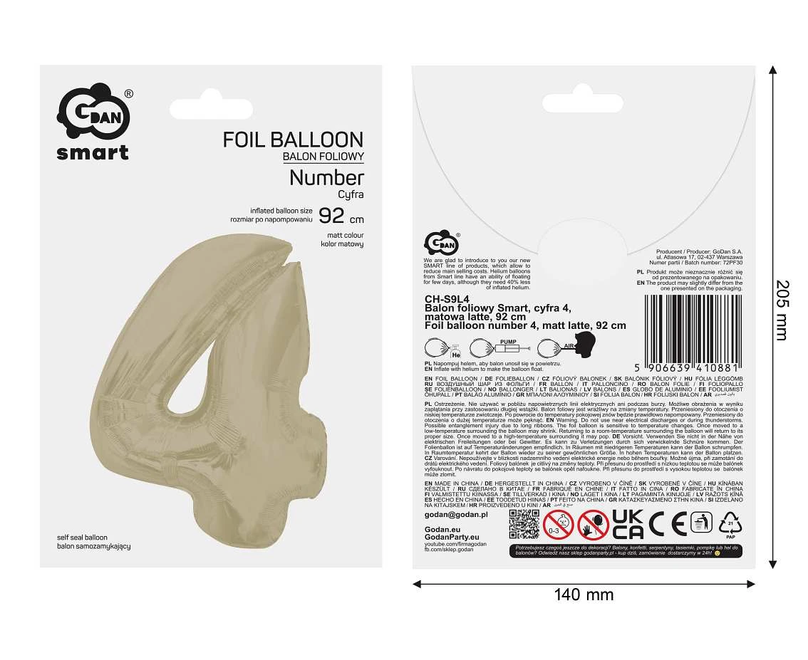 Balon foliowy Smart, cyfra 4, matowa latte, 92 cm  KK
